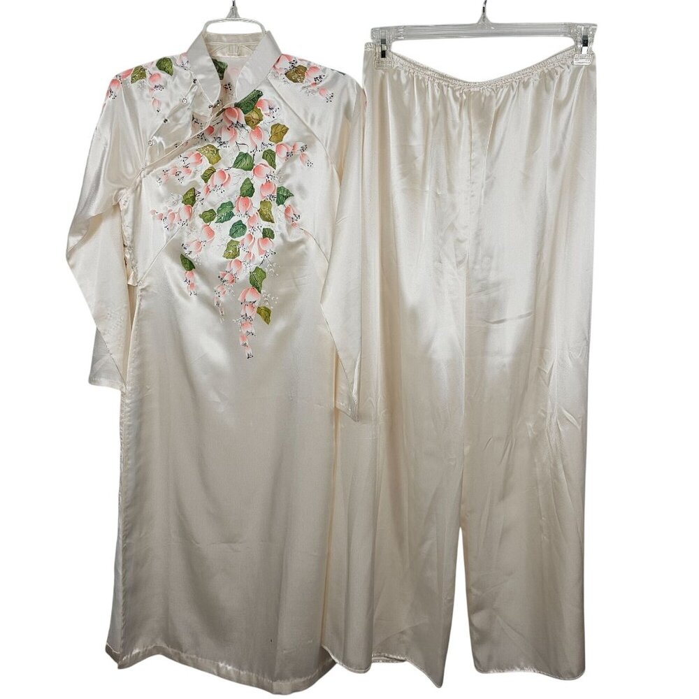 VTG Robe + Pant Sleepwear Set White Satin Floral Soft Loungewear Retro MCM OS